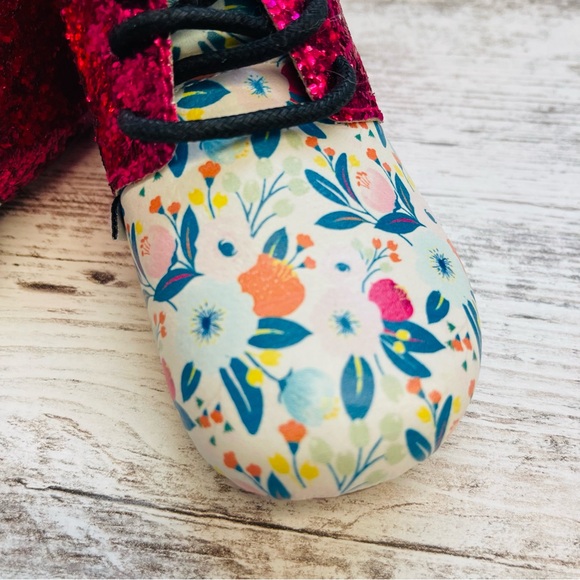 Monkey Feet Pink Glitter Floral Kids Boots Sparkle Girls 12-18m Ankle Shoes Soft - Picture 5 of 7